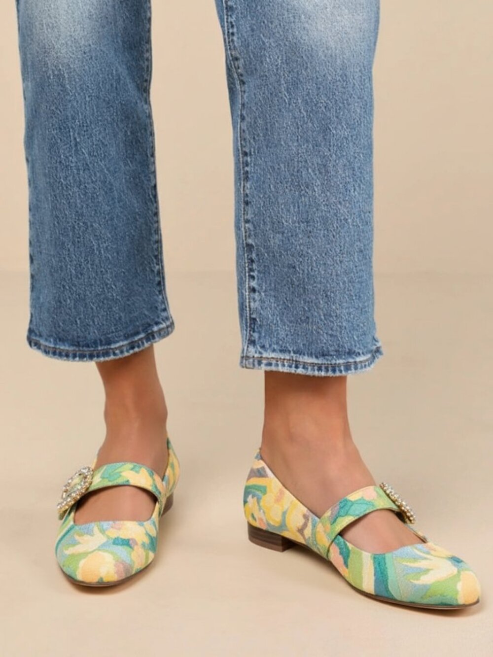 Women’s Embroidered Mary Jane Flats – Rhinestone Buckle Dress Shoes w/ Low Heel